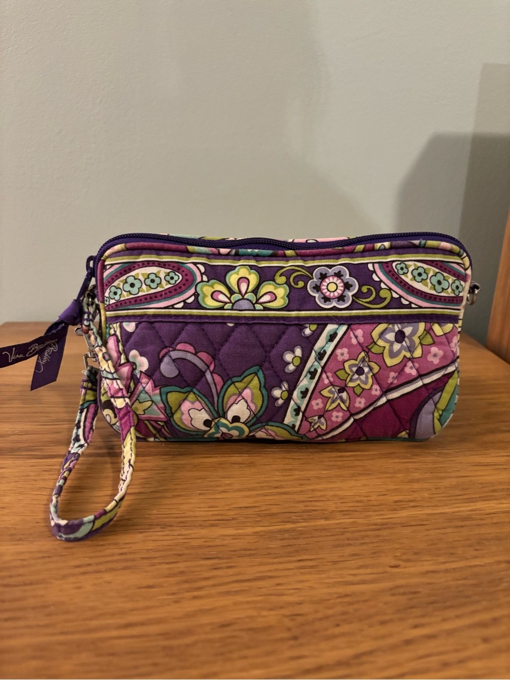 Vera Bradley Purple Paisley Quilted Wristlet inside zip pocket and card holders